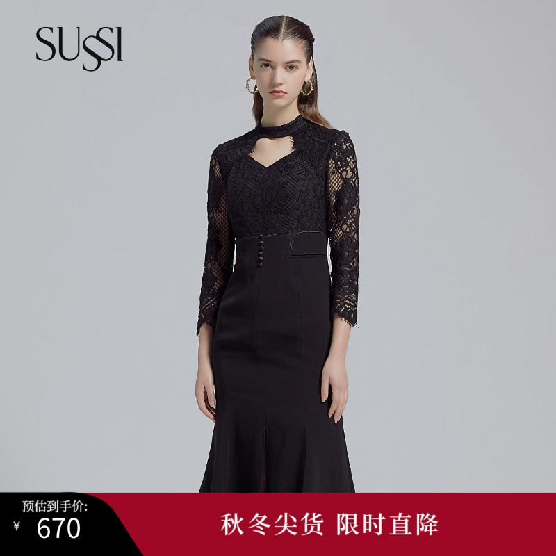 古色25春季新品黑色蕾丝连衣裙