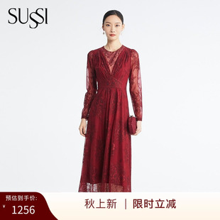 古色商场同款秋季新品酒红红装喜婆婆蕾丝收腰连衣裙女