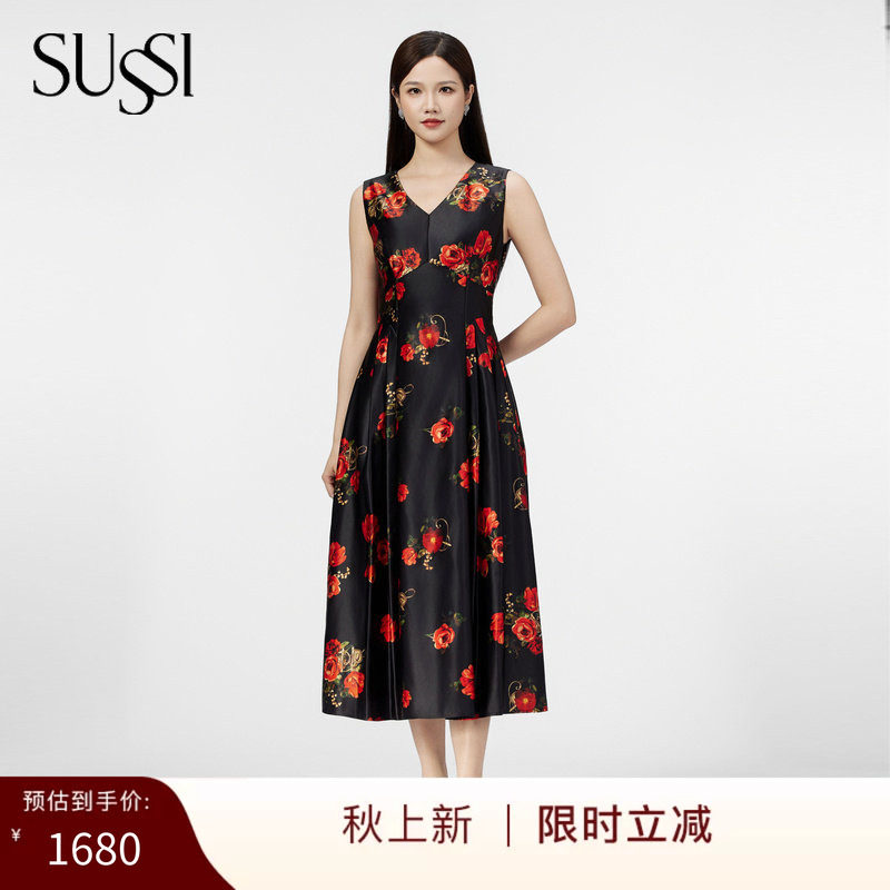 SUSSI/古色商场同款夏黑底红花无袖经典X型连衣裙