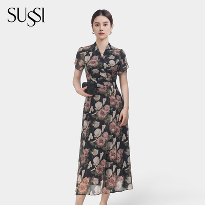 SUSSI/古色26夏新款商场同款中长连衣裙轻奢小众优雅收腰裙