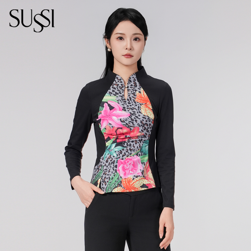 SUSSI/古色24秋季新品黑色百搭淑女印花收腰上衣女装