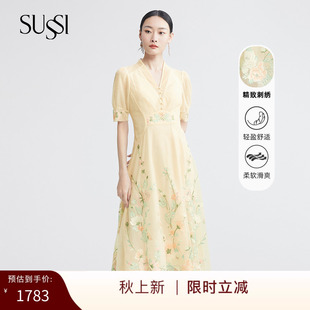 古色商场同款夏蜜合刺绣宫廷风收腰连衣裙女装