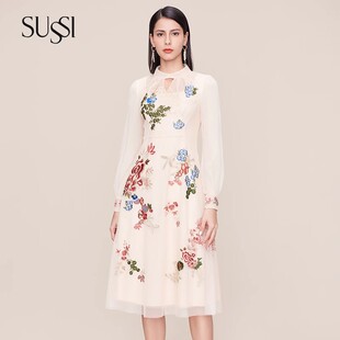 SUSSI/古色奥莱折扣店冬季新品商场同款杏色刺绣灯笼袖连衣裙