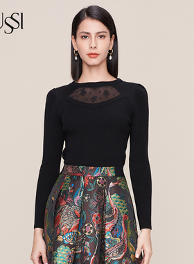 SUSSI/古色秋季新品商场同款黑色蕾丝拼接针织毛衣内搭女
