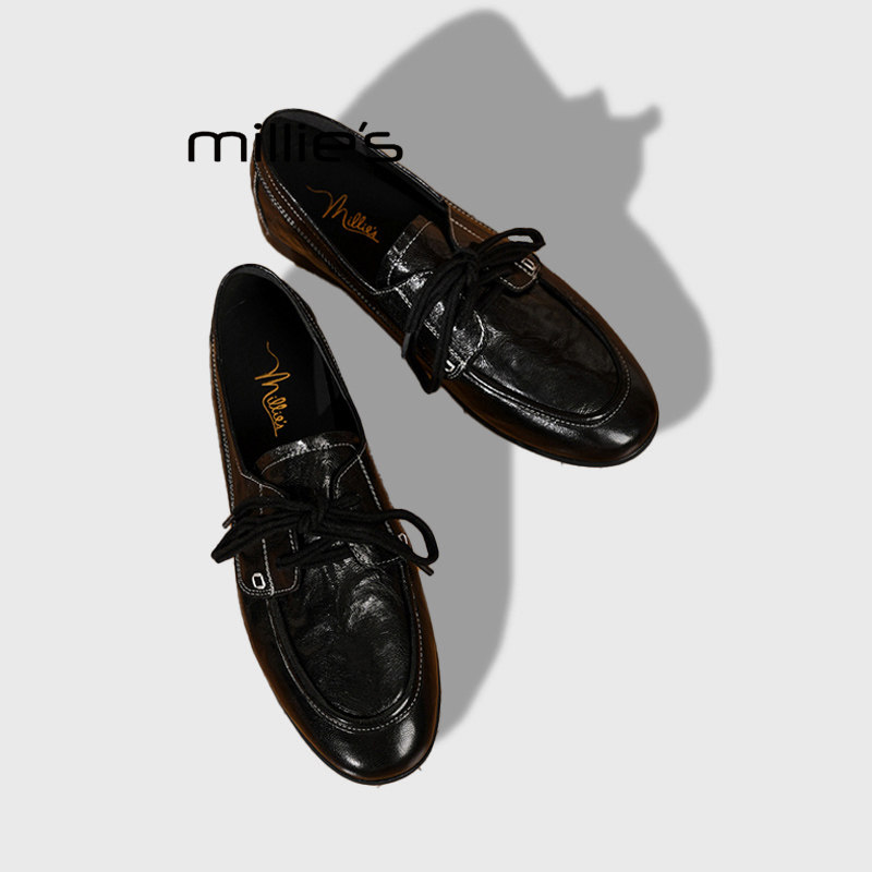 MILLIE'S/妙丽一脚蹬乐福鞋2025新款复古羊皮尖头系带平底小皮鞋,女鞋,乐福鞋（豆豆鞋）,淘宝优惠券,粉丝福利购,淘宝优惠卷