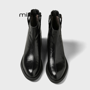 加绒短靴后拉链粗跟瘦瘦靴马丁靴黑色Z 妙丽真皮女靴冬季 MILLIE