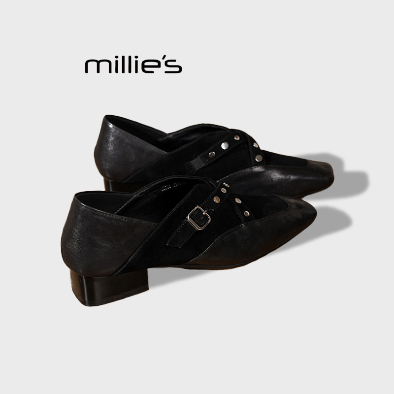 MILLIE'S/妙丽早秋欧美风羊皮乐福鞋方头粗跟交叉扣带法式单鞋女,女鞋,玛丽珍鞋,淘宝优惠券,粉丝福利购,淘宝优惠卷
