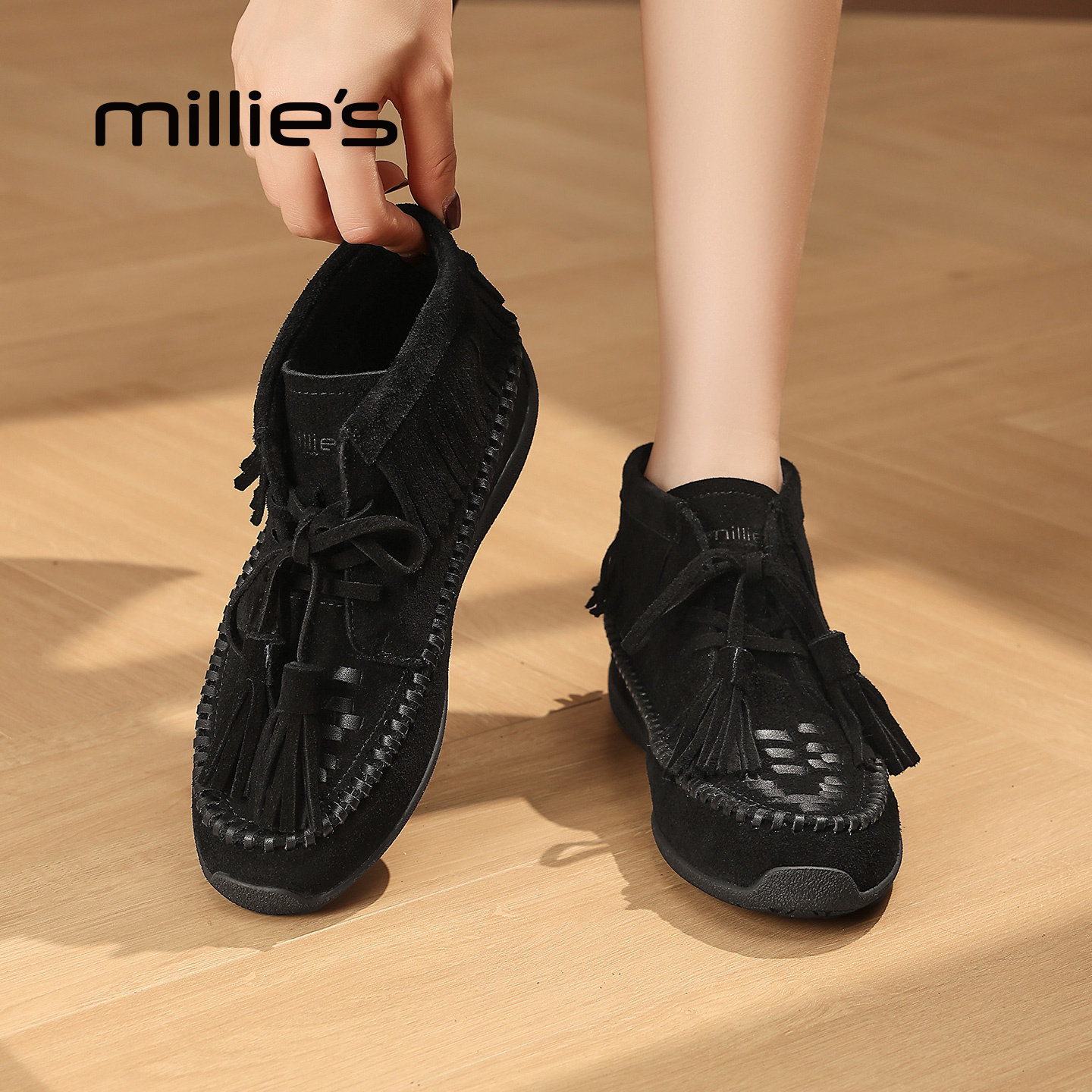MILLIE'S/妙丽磨砂真皮系带流苏及踝短靴女2026新款平底豆豆鞋