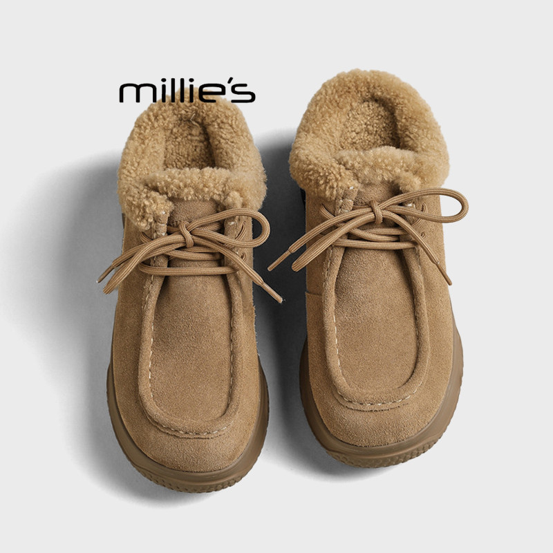 MILLIE'S/妙丽加绒毛毛鞋女2026冬季新款保暖系带绒面勃肯鞋棉鞋Z