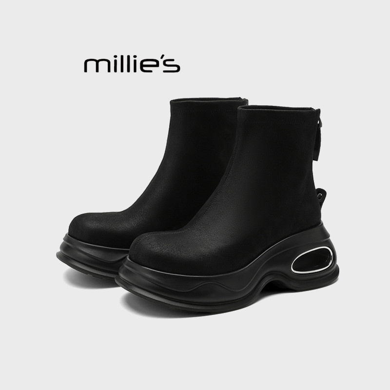MILLIE'S/妙丽2026秋新款弹力靴女款短靴厚底水钻单里马丁靴圆头