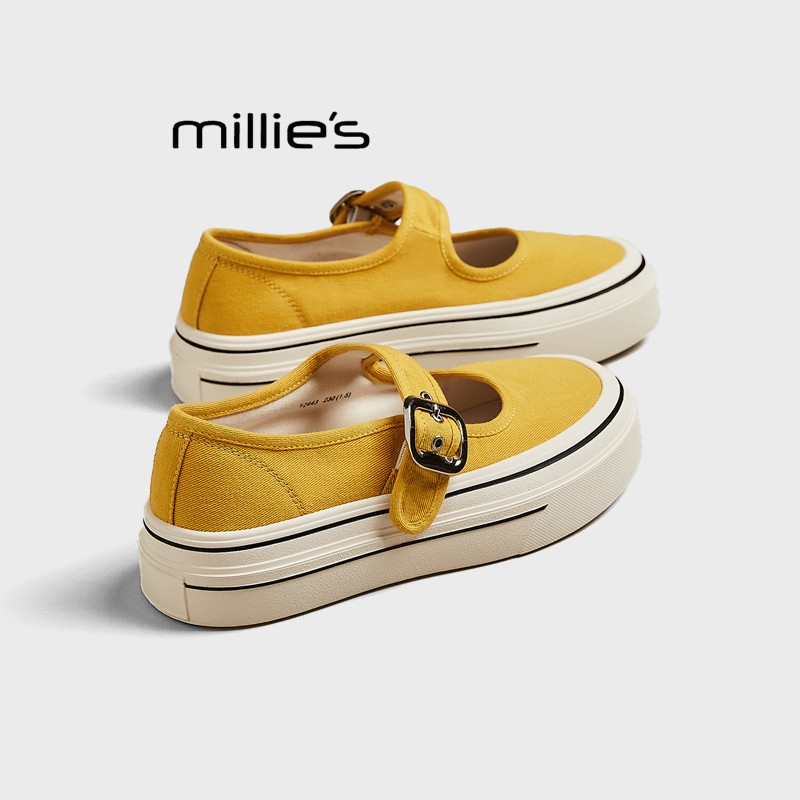 MILLIE'S/妙丽复古厚底一字搭扣帆布鞋女夏季新浅口透气休闲鞋,女鞋,时尚休闲鞋,淘宝优惠券,粉丝福利购,淘宝优惠卷