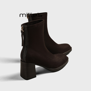 MILLIE'S/妙丽粗跟短靴女2026新款秋冬加绒保暖显瘦高跟鞋时装靴Z