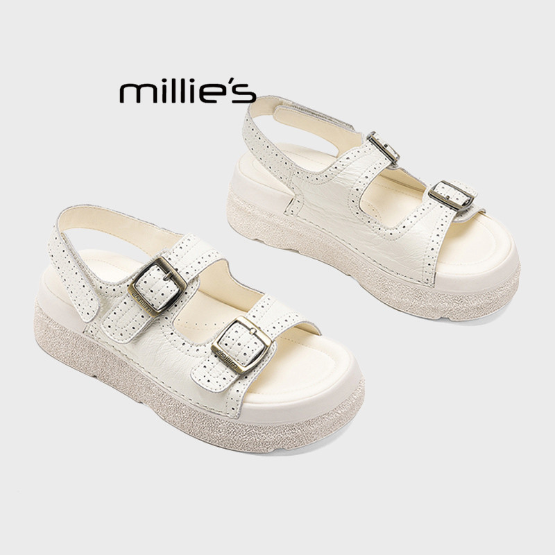 MILLIE'S/妙丽休闲风双扣带厚底凉鞋女2026夏镂空松糕底舒适凉鞋Z