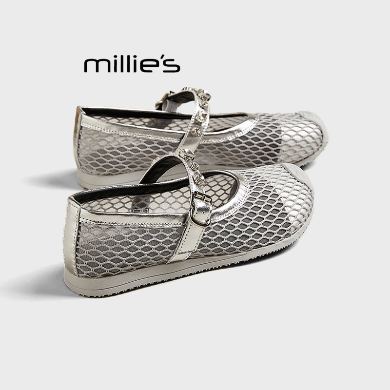 MILLIE'S/妙丽透气镂空网面一字玛丽珍鞋2026夏法式浅口平底单鞋,女鞋,浅口单鞋,淘宝优惠券,粉丝福利购,淘宝优惠卷