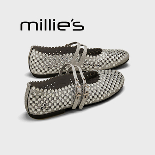MILLIE'S/妙丽女鞋渔网鞋法式平底玛丽珍鞋夏季新款亮钻浅口单鞋
