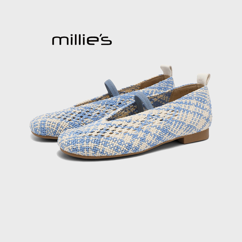 MILLIE'S/妙丽编织玛丽珍凉鞋平底镂空舒适一脚蹬配裙子编织女鞋Z