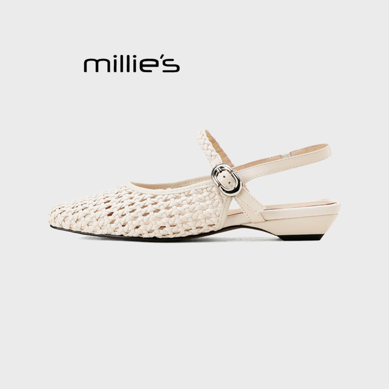 MILLIE'S/妙丽镂空玛丽珍半拖鞋女2025夏季编织包头拖鞋外穿凉拖,女鞋,休闲凉鞋,淘宝优惠券,粉丝福利购,淘宝优惠卷