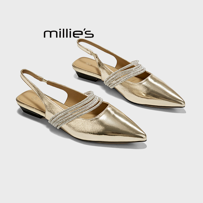 MILLIE'S/妙丽2026春夏尖头女鞋牛皮浅口带钻小女人包头时尚凉鞋Z