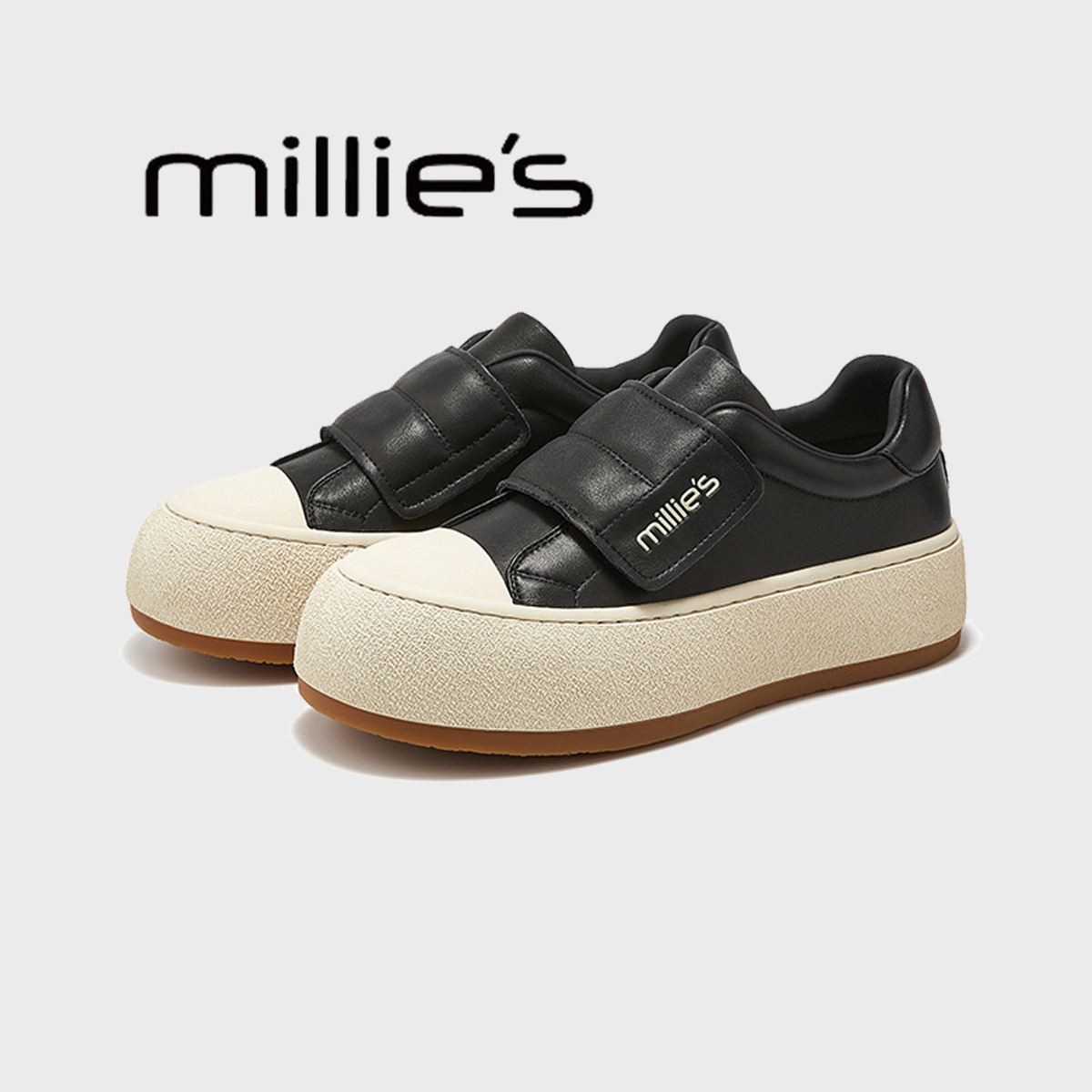 妙丽真皮魔术贴厚底板鞋女款2026春季新款一脚蹬懒人鞋百搭小白鞋