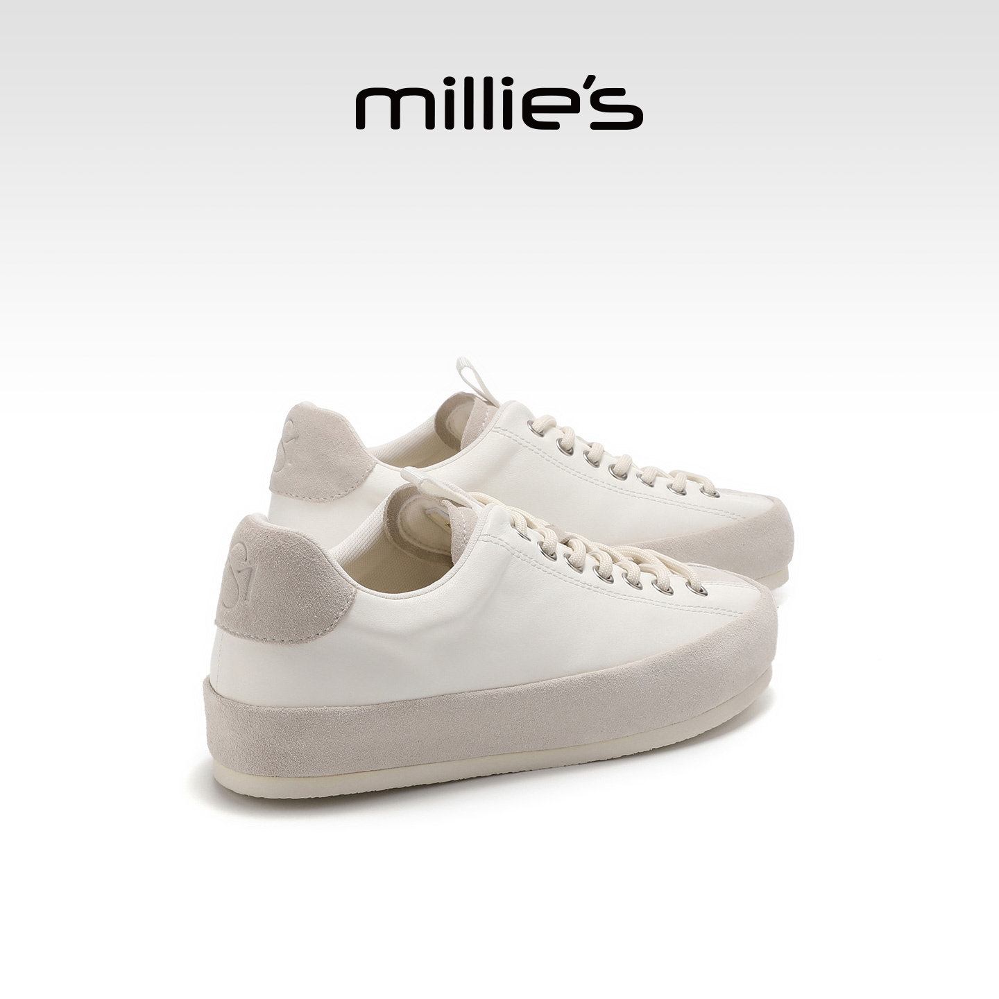 MILLIE'S/妙丽复古风厚底德训鞋女春季米白色系带增高运动休闲鞋Q