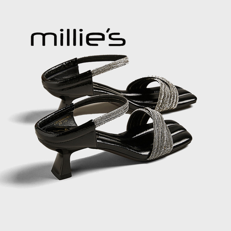 MILLIE'S/妙丽真皮水钻凉鞋女2025夏季新款气质高级不累脚高跟鞋