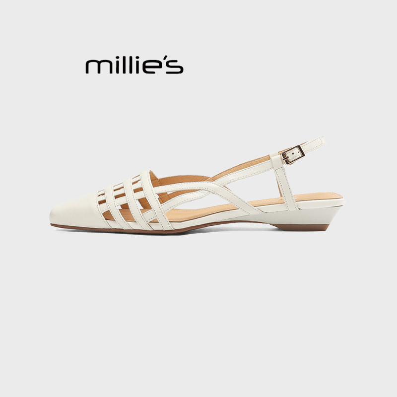 MILLIE'S/妙丽真皮包头镂空凉鞋女2026新款夏季百搭后空细高跟鞋