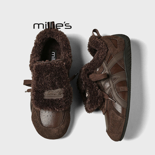 防滑短靴运动鞋 MILLIE 女复古德训鞋 妙丽秋冬加绒保暖毛毛鞋
