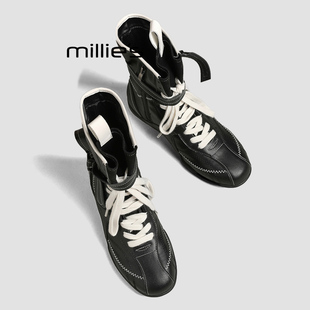 MILLIE'S/妙丽2026新款女厚底系带马丁靴女款英伦风增高中筒靴