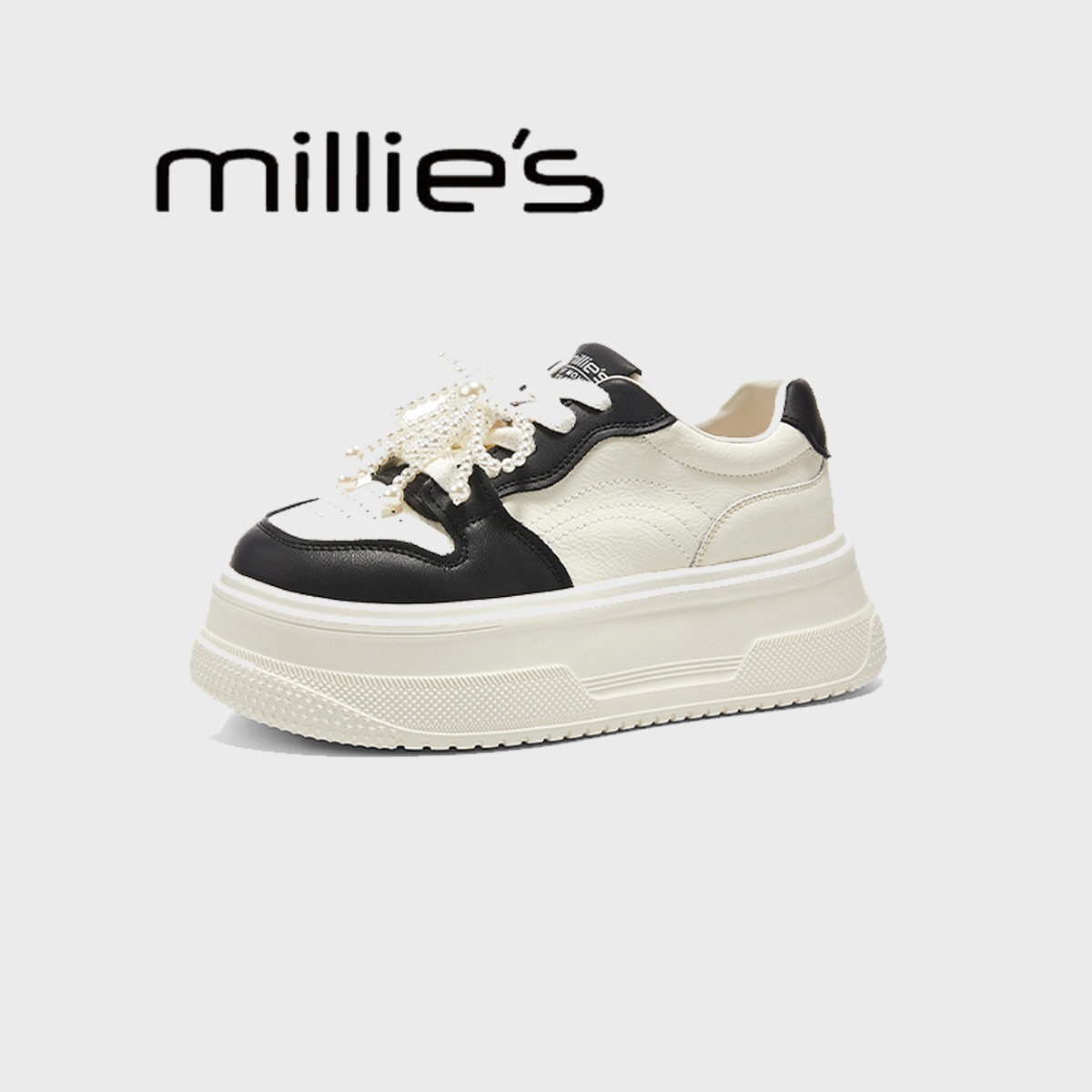 MILLIE'S/妙丽春季黑白撞色松糕珍珠绑带厚底头层牛皮休闲板鞋女