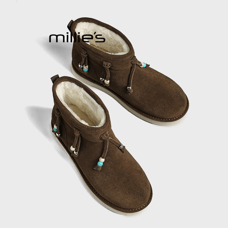 MILLIE'S/妙丽冬季款加绒保暖防滑短靴厚底棉靴时尚流苏雪地靴女Q