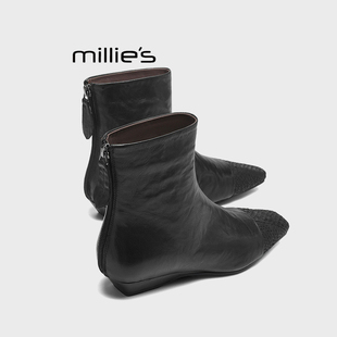 MILLIE'S/妙丽短靴女款秋冬款平底瘦瘦靴加绒配裙子的爆款裸靴子Z