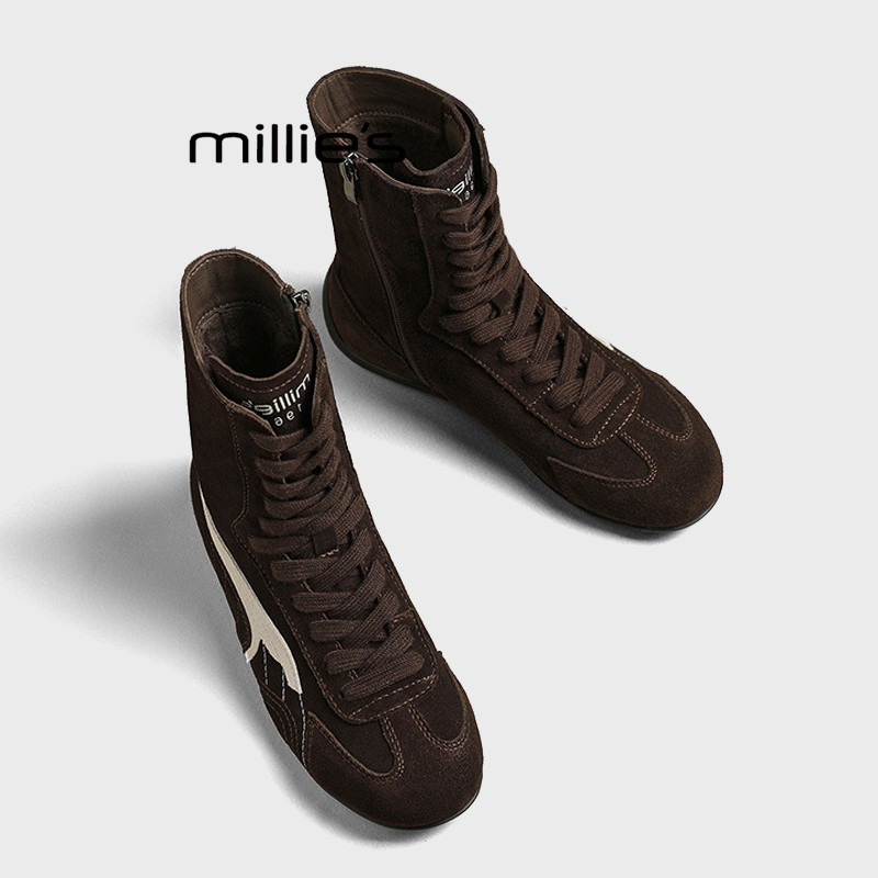 MILLIE'S/妙丽秋季新款真皮靴子圆头系带条纹拼色短靴子时装靴潮Z