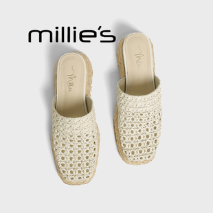 草跟松糕底凉鞋 MILLIE 女镂空编织懒人凉拖鞋 妙丽包头半拖鞋 夏