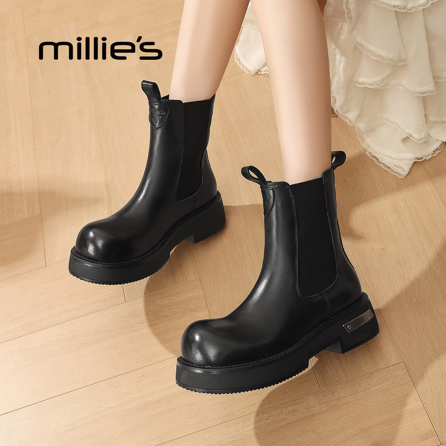 MILLIE'S/妙丽厚底切尔西靴女款2026新款秋季单靴真皮马丁靴短靴