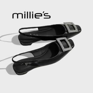 新款 法式 水钻方扣包头凉鞋 MILLIE 平底鞋 妙丽2025夏季 女鞋 方头
