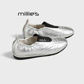 妙丽银色软皮一脚蹬平底休闲鞋 2026春季 MILLIE 百搭舒适德训鞋