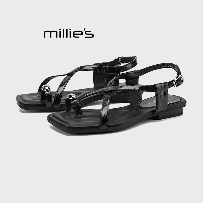 MILLIE'S/妙丽交叉绑带一字带凉鞋女夏平底舒适时尚罗马风黑色Z