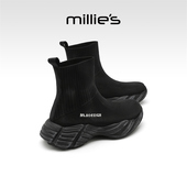 休闲鞋 妙丽女款 2026秋季 MILLIE 时尚 黑色弹力袜子鞋 新款