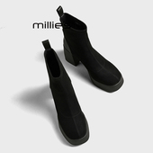 妙丽黑色粗跟短靴2026秋冬爆款 弹力百搭时尚 MILLIE 瘦瘦靴雨鞋