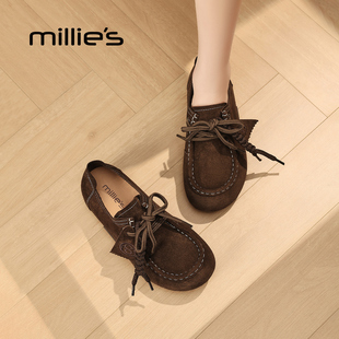 MILLIE'S/妙丽真皮全包内增高勃肯鞋新款编织流苏轻便软底袋鼠鞋