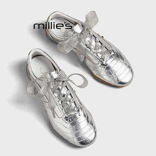 不累脚运动阿甘休闲鞋 MILLIE 女2026春季 妙丽银色芭蕾德训鞋 子