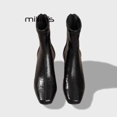 妙丽时尚 MILLIE 尖头粗跟后拉链短筒靴女秋冬气质外穿百搭短靴Z