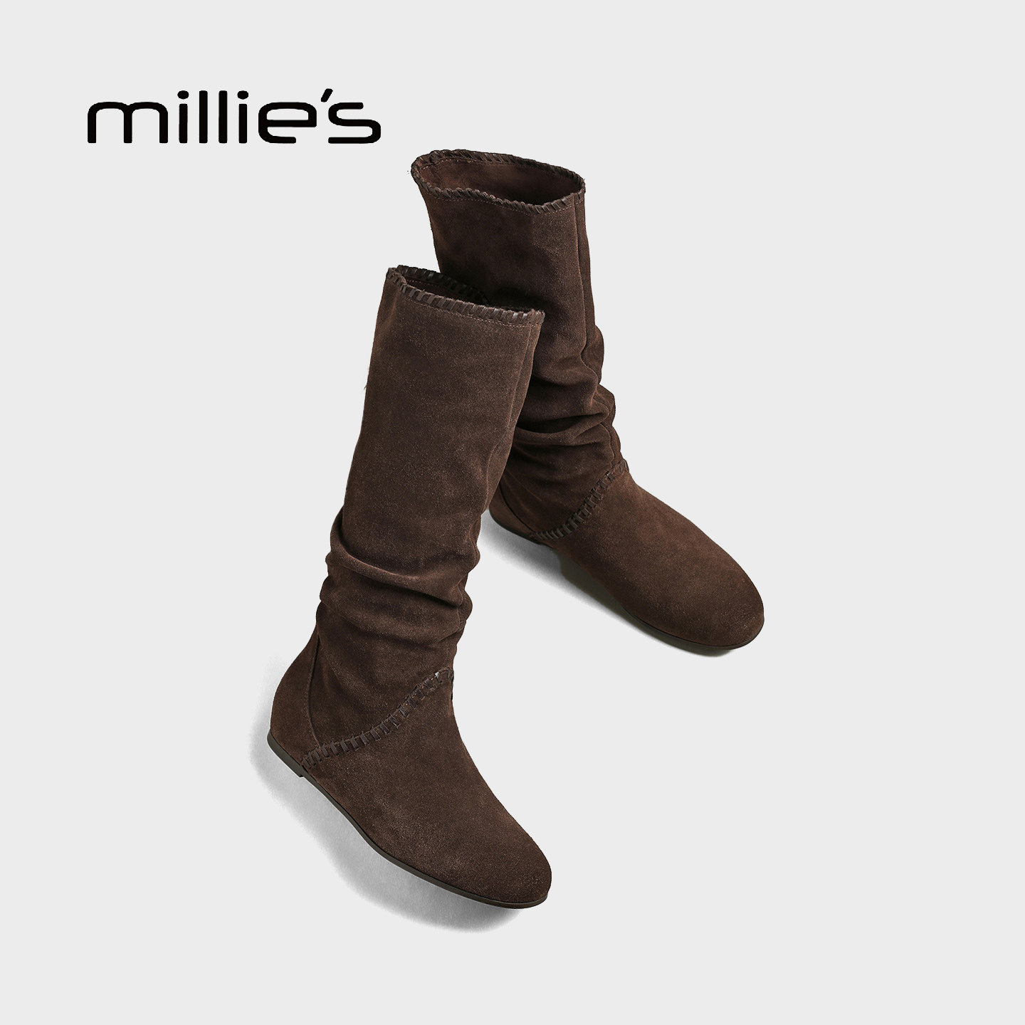 MILLIE'S/妙丽女鞋2025年秋新款时尚百搭显瘦长靴复古真皮堆堆靴,女鞋,西部靴,淘宝优惠券,粉丝福利购,淘宝优惠卷