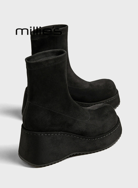 MILLIE'S/妙丽2025秋季新款厚底小个子圆头弹力靴增高时尚女靴子Z