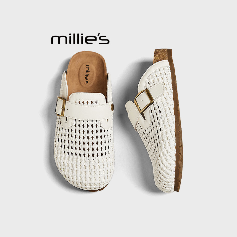 MILLIE'S/妙丽度假风包头半拖鞋女2025夏皮带扣透气勃肯外穿凉拖,女鞋,人字拖,淘宝优惠券,粉丝福利购,淘宝优惠卷