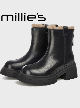 MILLIE'S/妙丽新款圆头厚底英伦风百搭手抓纹设计感加绒时装靴冬