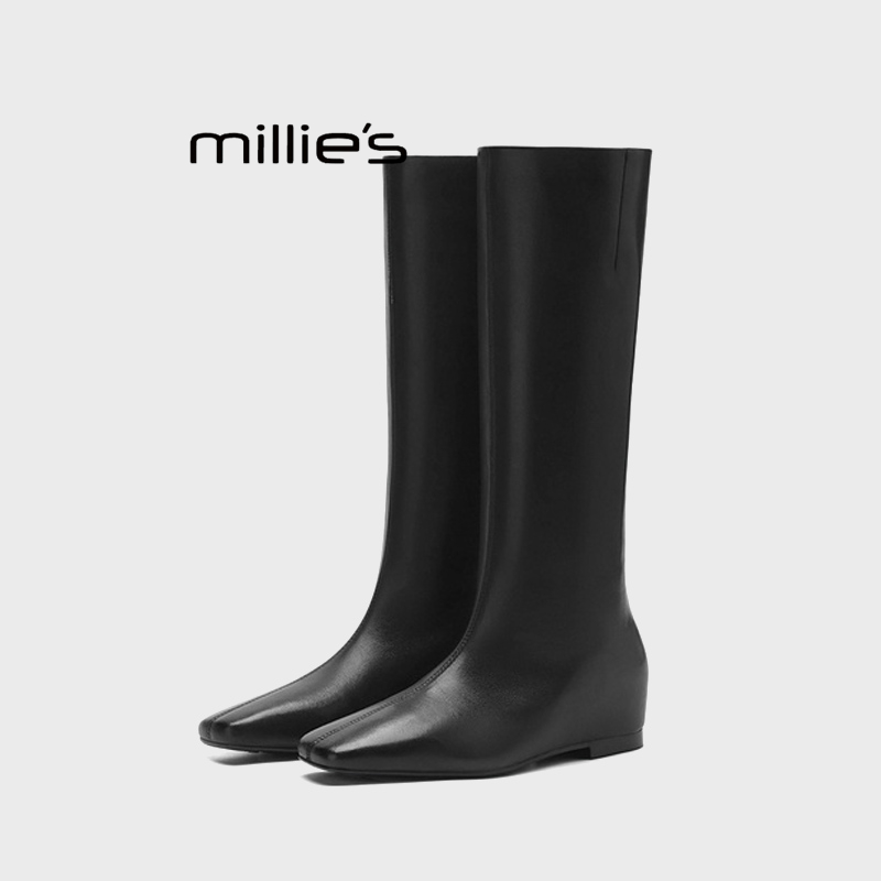 MILLIE'S/妙丽黑色方头高筒靴女真皮套筒骑士靴长靴秋冬加绒靴子Q