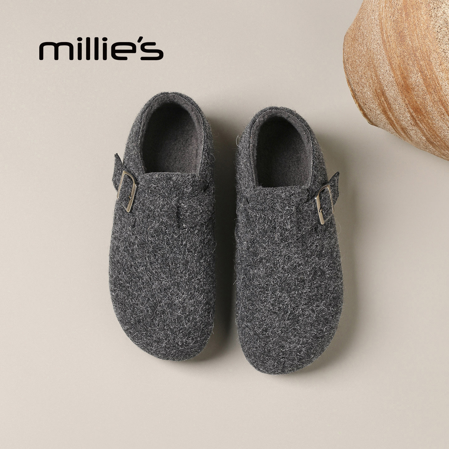 MILLIE'S/妙丽全包勃肯鞋女灰色毛毛一脚蹬懒人鞋百搭内增高棉鞋Z