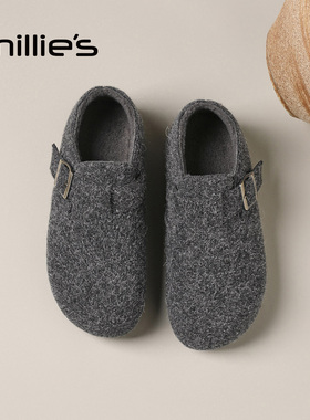MILLIE'S/妙丽全包勃肯鞋女灰色毛毛一脚蹬懒人鞋百搭内增高棉鞋Z