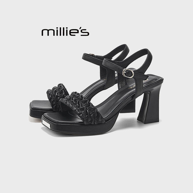MILLIE'S/妙丽露趾粗跟凉鞋女